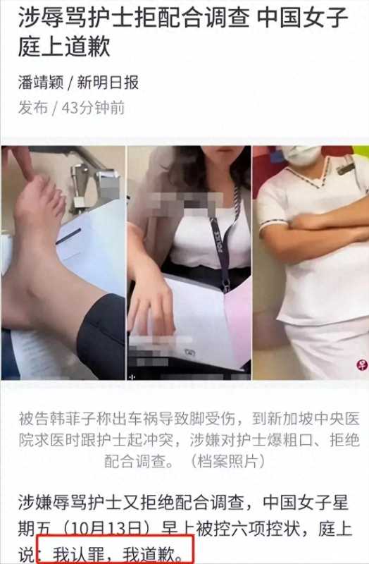 辱骂新加坡护士的中国女子认罪道歉