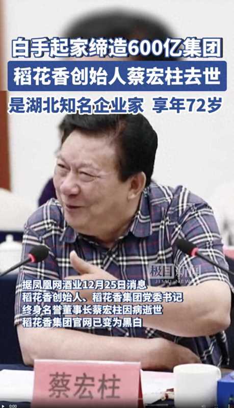 稻花香创始人蔡宏柱病逝 享年72岁